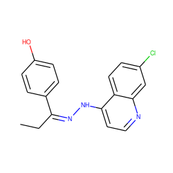 CCC(=NNc1ccnc2cc(Cl)ccc12)c1ccc(O)cc1 ZINC000253987423