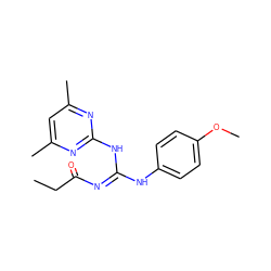 CCC(=O)/N=C(/Nc1ccc(OC)cc1)Nc1nc(C)cc(C)n1 ZINC000002291719