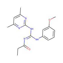 CCC(=O)/N=C(\Nc1cccc(OC)c1)Nc1nc(C)cc(C)n1 ZINC000000085259