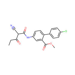 CCC(=O)C(C#N)C(=O)Nc1ccc(-c2ccc(Cl)cc2)c(C(=O)OC)c1 ZINC000101459817