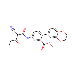 CCC(=O)C(C#N)C(=O)Nc1ccc(-c2ccc3c(c2)OCCO3)c(C(=O)OC)c1 ZINC000101459854