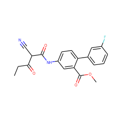 CCC(=O)C(C#N)C(=O)Nc1ccc(-c2cccc(F)c2)c(C(=O)OC)c1 ZINC000101459819