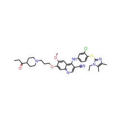 CCC(=O)C1CCN(CCCOc2cc3ncc(C#N)c(Nc4ccc(Sc5nc(C)c(C)n5CC)c(Cl)c4)c3cc2OC)CC1 ZINC000049898412