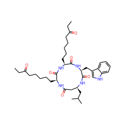 CCC(=O)CCCCC[C@@H]1NC(=O)C[C@H](CC(C)C)NC(=O)[C@H](Cc2c[nH]c3ccccc23)NC(=O)[C@H](CCCCCC(=O)CC)NC1=O ZINC000049678872