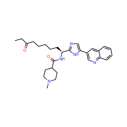 CCC(=O)CCCCC[C@H](NC(=O)C1CCN(C)CC1)c1ncc(-c2cnc3ccccc3c2)[nH]1 ZINC000096941678