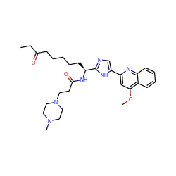 CCC(=O)CCCCC[C@H](NC(=O)CCN1CCN(C)CC1)c1ncc(-c2cc(OC)c3ccccc3n2)[nH]1 ZINC000096941672