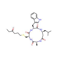 CCC(=O)CCCSC[C@@H]1NC(=O)[C@H](C)NC(=O)C[C@H](CC(C)C)NC(=O)[C@H](Cc2c[nH]c3ccccc23)NC1=O ZINC000049680072