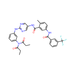 CCC(=O)N(C(=O)CC)c1cccc(Nc2ncc(NC(=O)c3cc(NC(=O)c4cccc(C(F)(F)F)c4)ccc3C)cn2)c1 ZINC000169352893