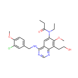 CCC(=O)N(CC)c1cc2c(NCc3ccc(OC)c(Cl)c3)ncnc2c(CCO)c1OC ZINC000045348084