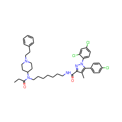 CCC(=O)N(CCCCCCCNC(=O)c1nn(-c2ccc(Cl)cc2Cl)c(-c2ccc(Cl)cc2)c1C)C1CCN(CCc2ccccc2)CC1 ZINC000049679821