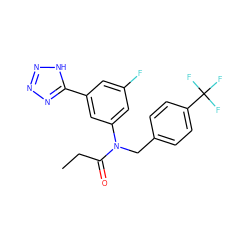 CCC(=O)N(Cc1ccc(C(F)(F)F)cc1)c1cc(F)cc(-c2nnn[nH]2)c1 ZINC000084655288