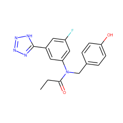 CCC(=O)N(Cc1ccc(O)cc1)c1cc(F)cc(-c2nnn[nH]2)c1 ZINC000084706947