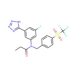 CCC(=O)N(Cc1ccc(S(=O)(=O)C(F)(F)F)cc1)c1cc(F)cc(-c2nnn[nH]2)c1 ZINC000084711805