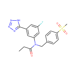 CCC(=O)N(Cc1ccc(S(C)(=O)=O)cc1)c1cc(F)cc(-c2nnn[nH]2)c1 ZINC000084706951