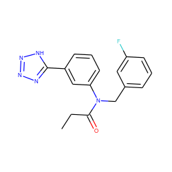 CCC(=O)N(Cc1cccc(F)c1)c1cccc(-c2nnn[nH]2)c1 ZINC000084727910