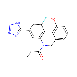 CCC(=O)N(Cc1cccc(O)c1)c1cc(F)cc(-c2nnn[nH]2)c1 ZINC000084706945