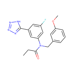 CCC(=O)N(Cc1cccc(OC)c1)c1cc(F)cc(-c2nnn[nH]2)c1 ZINC000084712410