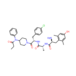 CCC(=O)N(c1ccccc1)C1CCN(C(=O)[C@H](Cc2ccc(Cl)cc2)NC(=O)[C@@H](C)NC(=O)[C@@H](N)Cc2c(C)cc(O)cc2C)CC1 ZINC000072126772