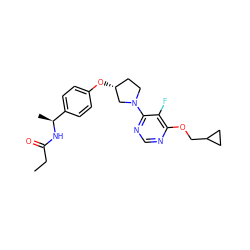 CCC(=O)N[C@@H](C)c1ccc(O[C@@H]2CCN(c3ncnc(OCC4CC4)c3F)C2)cc1 ZINC000261157124