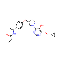 CCC(=O)N[C@@H](C)c1ccc(O[C@H]2CCN(c3ncnc(OCC4CC4)c3OC)C2)cc1 ZINC000261073473