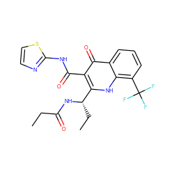 CCC(=O)N[C@@H](CC)c1[nH]c2c(C(F)(F)F)cccc2c(=O)c1C(=O)Nc1nccs1 ZINC000029235885