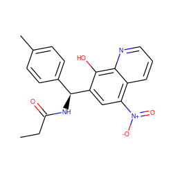 CCC(=O)N[C@@H](c1ccc(C)cc1)c1cc([N+](=O)[O-])c2cccnc2c1O ZINC000004684865