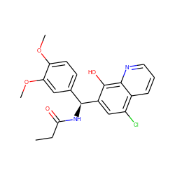 CCC(=O)N[C@@H](c1ccc(OC)c(OC)c1)c1cc(Cl)c2cccnc2c1O ZINC000039708025