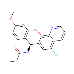 CCC(=O)N[C@@H](c1ccc(OC)cc1)c1cc(Cl)c2cccnc2c1O ZINC000039708022