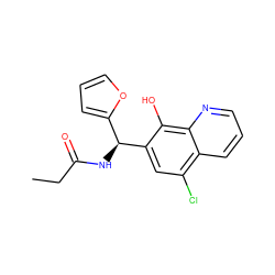 CCC(=O)N[C@@H](c1ccco1)c1cc(Cl)c2cccnc2c1O ZINC000000087288