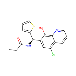 CCC(=O)N[C@@H](c1cccs1)c1cc(Cl)c2cccnc2c1O ZINC000000319163