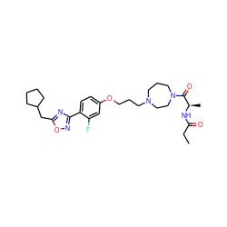 CCC(=O)N[C@H](C)C(=O)N1CCCN(CCCOc2ccc(-c3noc(CC4CCCC4)n3)c(F)c2)CC1 ZINC000013589363