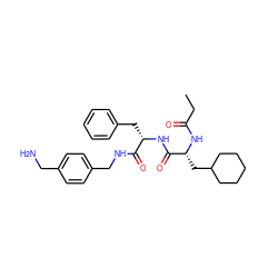 CCC(=O)N[C@H](CC1CCCCC1)C(=O)N[C@@H](Cc1ccccc1)C(=O)NCc1ccc(CN)cc1 ZINC000206305492