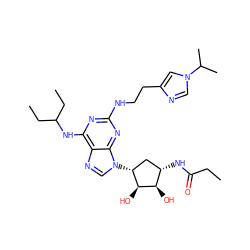 CCC(=O)N[C@H]1C[C@@H](n2cnc3c(NC(CC)CC)nc(NCCc4cn(C(C)C)cn4)nc32)[C@H](O)[C@@H]1O ZINC000049756780