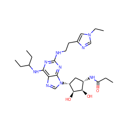 CCC(=O)N[C@H]1C[C@@H](n2cnc3c(NC(CC)CC)nc(NCCc4cn(CC)cn4)nc32)[C@H](O)[C@@H]1O ZINC000049756783