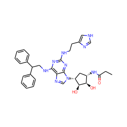 CCC(=O)N[C@H]1C[C@@H](n2cnc3c(NCC(c4ccccc4)c4ccccc4)nc(NCCc4c[nH]cn4)nc32)[C@H](O)[C@@H]1O ZINC000049762702