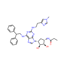 CCC(=O)N[C@H]1C[C@@H](n2cnc3c(NCC(c4ccccc4)c4ccccc4)nc(NCCc4cn(C)cn4)nc32)[C@H](O)[C@@H]1O ZINC000049746981