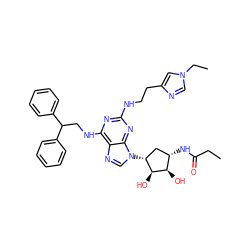 CCC(=O)N[C@H]1C[C@@H](n2cnc3c(NCC(c4ccccc4)c4ccccc4)nc(NCCc4cn(CC)cn4)nc32)[C@H](O)[C@@H]1O ZINC000049746912