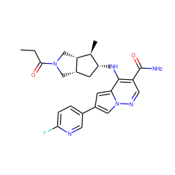 CCC(=O)N1C[C@H]2C[C@@H](Nc3c(C(N)=O)cnn4cc(-c5ccc(F)nc5)cc34)[C@H](C)[C@H]2C1 ZINC000261101992