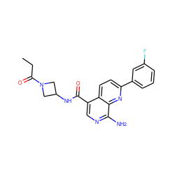 CCC(=O)N1CC(NC(=O)c2cnc(N)c3nc(-c4cccc(F)c4)ccc23)C1 ZINC000144767729