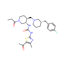 CCC(=O)N1CC[C@@H](CN2CCC[C@@H](Cc3ccc(F)cc3)C2)[C@H](NC(=O)Nc2nc(C)c(C(C)=O)s2)C1 ZINC000028975381