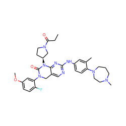 CCC(=O)N1CC[C@H](N2C(=O)N(c3cc(OC)ccc3F)Cc3cnc(Nc4ccc(N5CCCN(C)CC5)c(C)c4)nc32)C1 ZINC001772637924