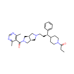 CCC(=O)N1CCC([C@@H](CCN2C[C@H]3CN(C(=O)c4c(C)ncnc4C)C[C@H]3C2)c2ccccc2)CC1 ZINC000064539025