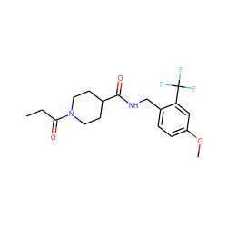 CCC(=O)N1CCC(C(=O)NCc2ccc(OC)cc2C(F)(F)F)CC1 ZINC001772582008