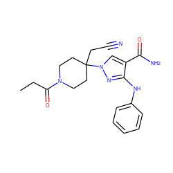 CCC(=O)N1CCC(CC#N)(n2cc(C(N)=O)c(Nc3ccccc3)n2)CC1 ZINC000218410302