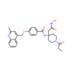 CCC(=O)N1CCC(CC(=O)NO)(NC(=O)c2ccc(OCc3cc(C)nc4ccccc34)cc2)CC1 ZINC000036351975