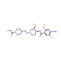 CCC(=O)N1CCC(CCN2CC[C@H](NC(=O)c3cc(Cl)c(N)cc3OC)[C@H](OC)C2)CC1 ZINC000169018659