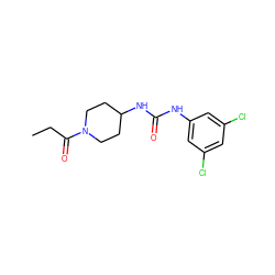 CCC(=O)N1CCC(NC(=O)Nc2cc(Cl)cc(Cl)c2)CC1 ZINC000064540472