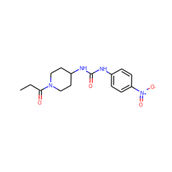 CCC(=O)N1CCC(NC(=O)Nc2ccc([N+](=O)[O-])cc2)CC1 ZINC000064549366