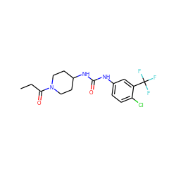 CCC(=O)N1CCC(NC(=O)Nc2ccc(Cl)c(C(F)(F)F)c2)CC1 ZINC000064540251