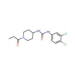 CCC(=O)N1CCC(NC(=O)Nc2ccc(Cl)c(Cl)c2)CC1 ZINC000064540433